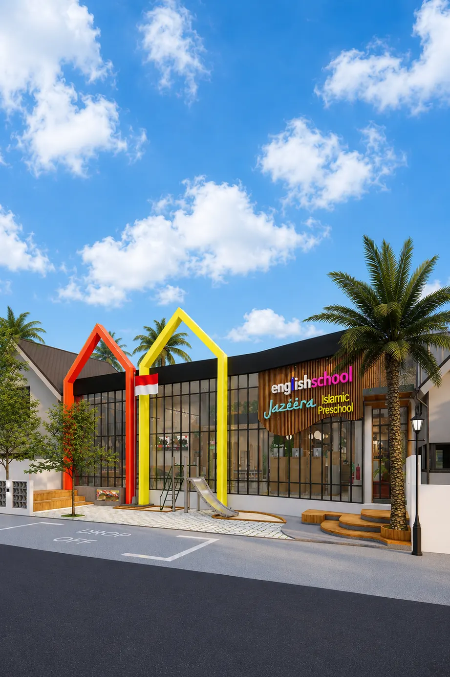 Gedung Jazeera Islamic Preschool di Jl. Kemuning, dengan bingkai rumah berwarna oranye dan kuning
