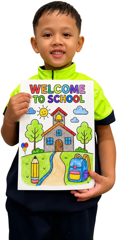 Murid Jazeera memegang poster Welcome to School